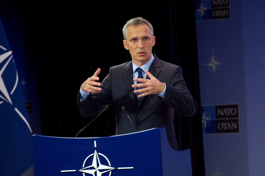 NATO Secretary General Jens Stoltenberg speaks to the press ahead of the NATO Defense Ministers meeting in Belgium, June 28, 2017. NATO photo