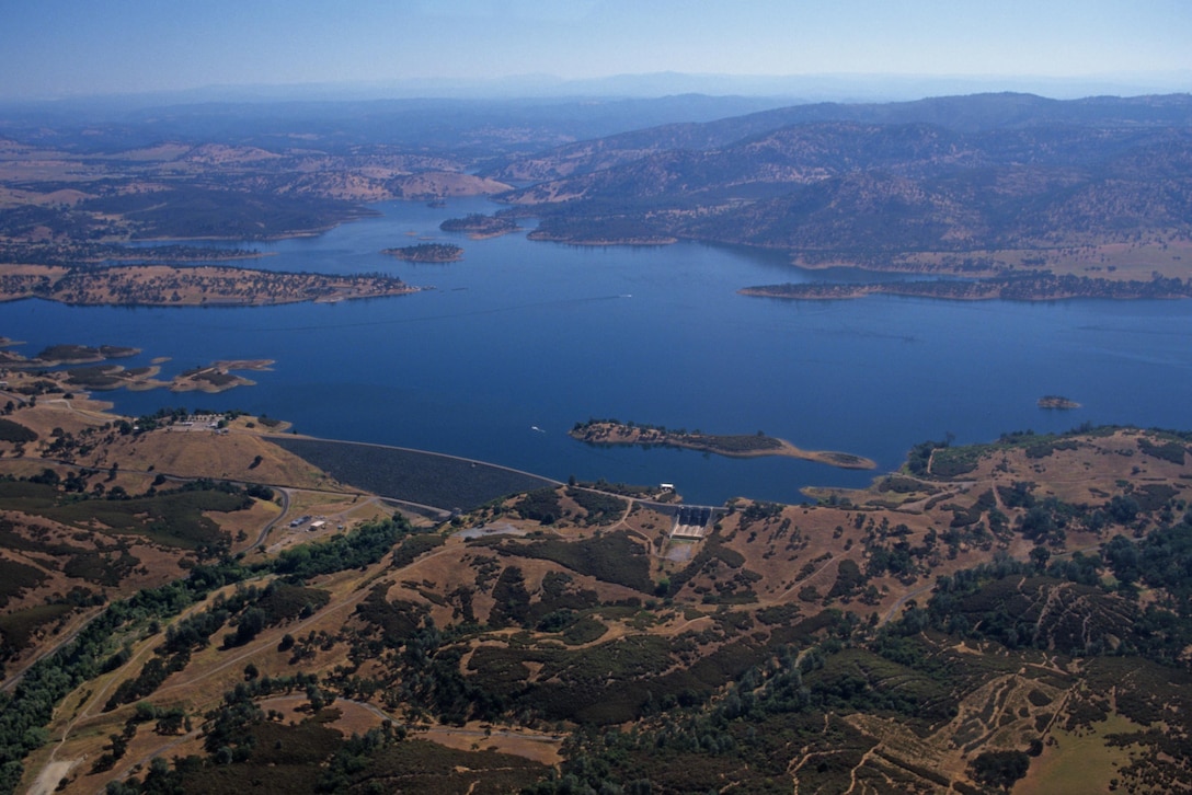 An aerial photo shows New Hogan Lake near Valley Springs. 