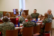 Maj. Gen. Matthew Glavy speaks to staff noncommissioned officers assigned to 2nd Marine Aircraft Wing during a breakfast at Marine Corps Air Station Cherry Point, N.C., June 28, 2017. Glavy and Sgt. Maj. Howard Kreamer hosted the breakfast to gather senior leaders from 2nd MAW to discuss key issues, including aviation readiness, troop welfare and leadership development. Glavy is the commanding general for 2nd MAW, and Kreamer is the sergeant major. (U.S. Marine Corps photo by Cpl. Jason Jimenez/ Released)