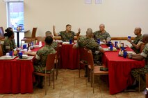 Maj. Gen. Matthew Glavy and Sgt. Maj. Howard Kreamer host a breakfast for 2nd Marine Aircraft Wing staff noncommissioned officers at Marine Corps Air Station Cherry Point, N.C., June 28, 2017. Glavy and Kreamer hosted the breakfast to gather senior leaders from 2nd MAW to discuss key issues, including aviation readiness, troop welfare and leadership development. Glavy is the commanding general, and Kreamer is the sergeant major for 2nd MAW. (U.S. Marine Corps photo by Cpl. Jason Jimenez/ Released)