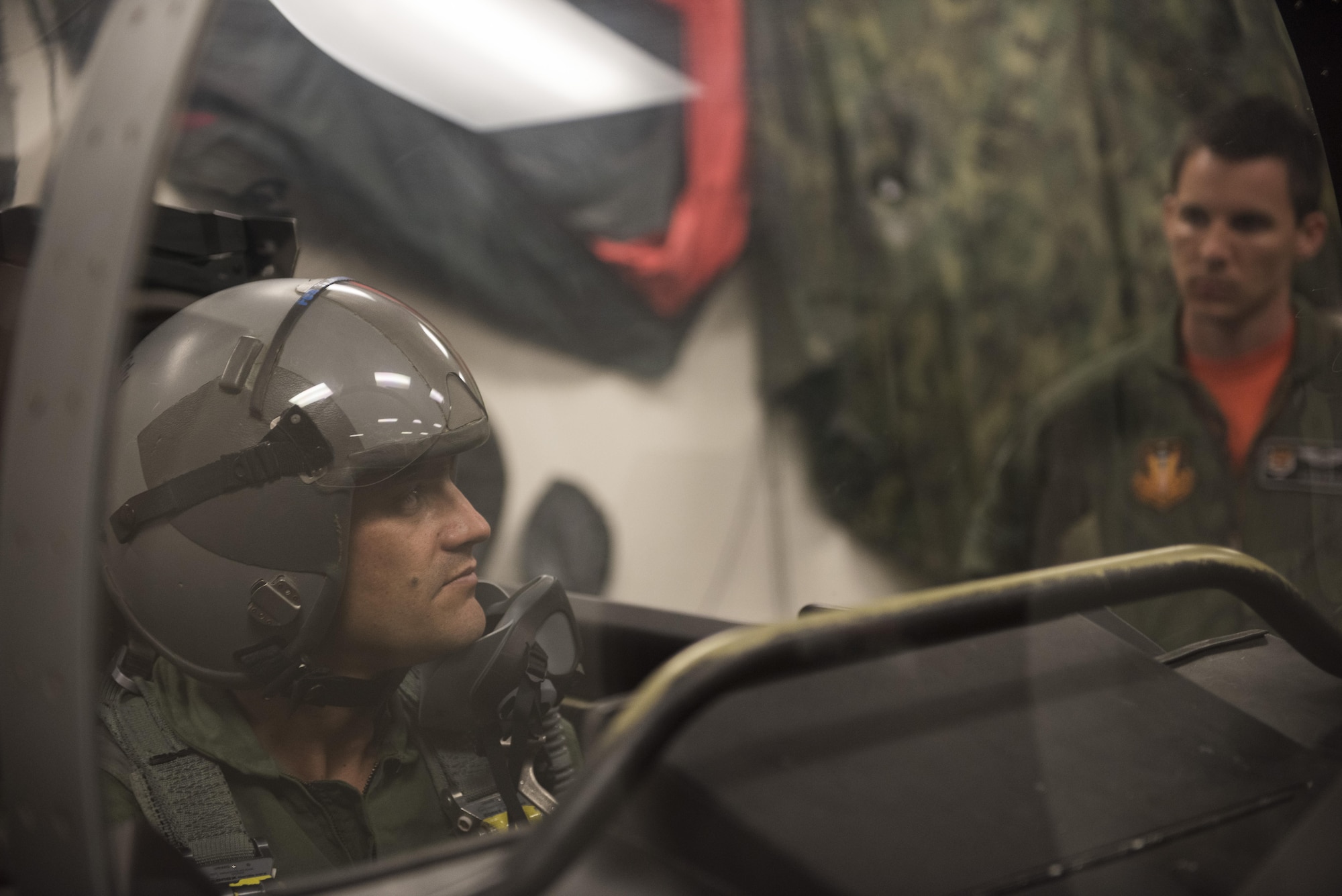 Vice Chairman Buster Gibson of the Shoshone-Paiute Tribes of the Duck Valley Indian Reservation gets training for his orientation flight, June 16, 2017, at Mountain Home Air Force Base, Idaho. Gibson sits in the simulated cockpit to get a feel for how the actual flight will be. (U.S. Air Force photo by Airman 1st Class Alaysia Berry/Released)