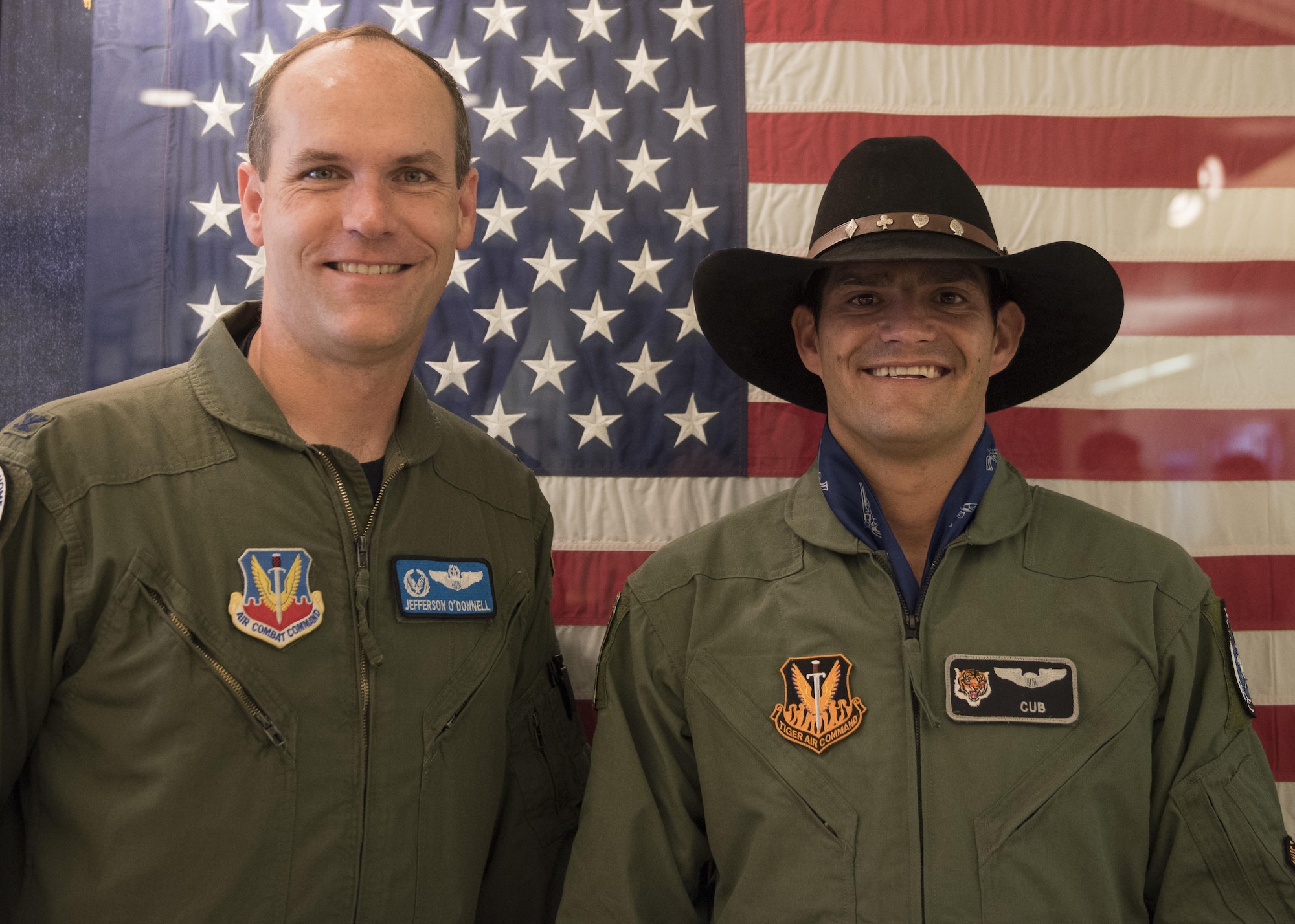 Vice Chairman Buster Gibson of the Shoshone-Paiute Tribes of the Duck Valley Indian Reservation poses for a photo with Col. Jefferson O'Donnell, 366th Fighter Wing commander, June 16, 2017, at Mountain Home Air Force Base, Idaho. O'Donnell was the pilot for Gibson's orientation flight. (U.S. Air Force photo by Airman 1st Class Alaysia Berry/Released)