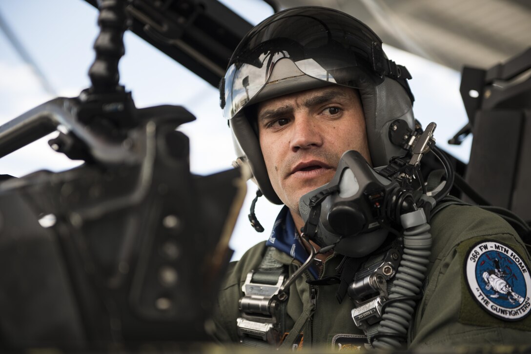 Vice Chairman Buster Gibson of the Shoshone-Paiute Tribes of the Duck Valley Indian Reservation sits in the cockpit of an F-15E Strike Eagle, June 16, 2017, at Mountain Home Air Force Base, Idaho. This was his first time being in a fighter jet. (U.S. Air Force photo by Airman 1st Class Alaysia Berry/Released)