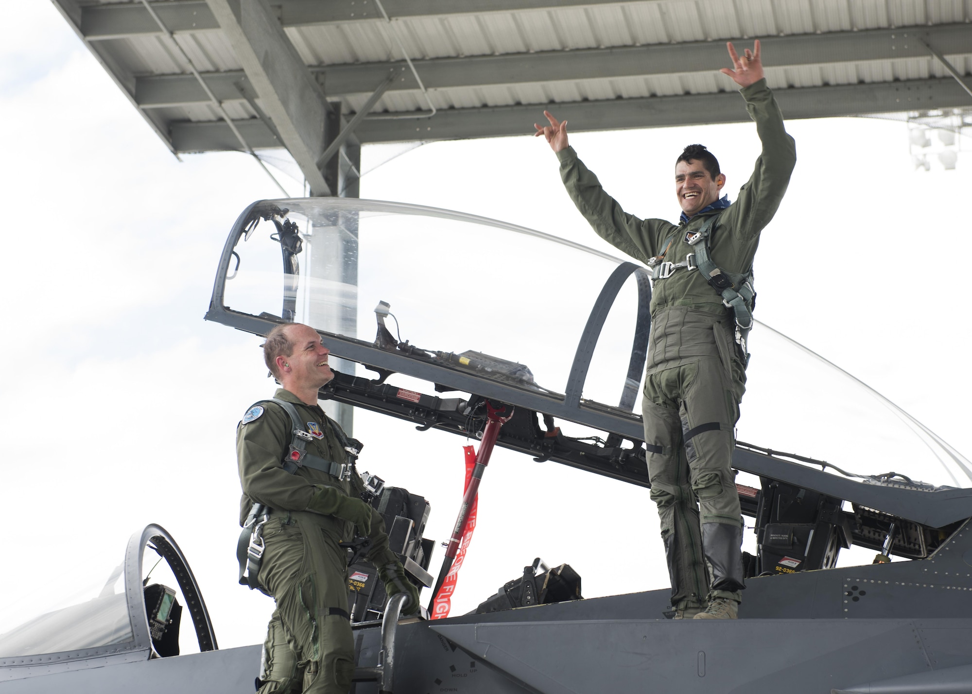 Vice Chairman Buster Gibson of the Shoshone-Paiute Tribes of the Duck Valley Indian Reservation smiles broadly after his orientation flight, June 16, 2017, at Mountain Home Air Force Base, Idaho. Before he could fly, he went through approximately five and a half hours of preparation. (U.S. Air Force photo by Airman 1st Class Alaysia Berry/Released)