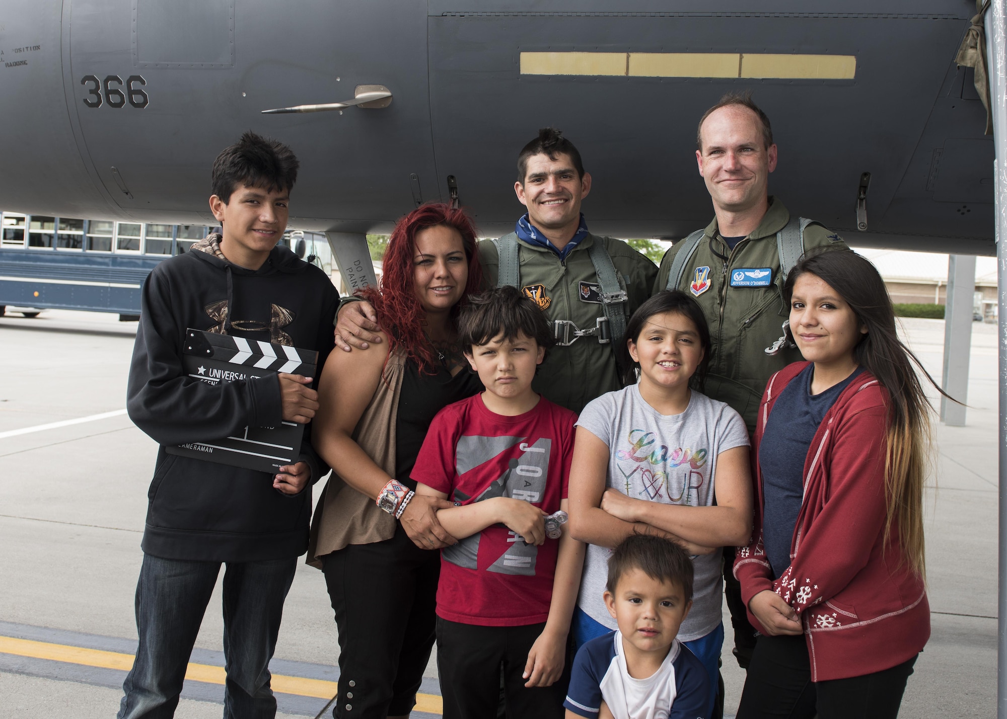 Vice Chairman Buster Gibson of the Shoshone-Paiute Tribes of the Duck Valley Indian Reservation and his family pose with Col. Jefferson O'Donnell, 366th Fighter Wing Commander, June 16, 2017, at Mountain Home Air Force Base, Idaho. Gibson's family was there to help motivate and encourage him as he went through the day. (U.S. Air Force photo by Airman 1st Class Alaysia Berry/Released)