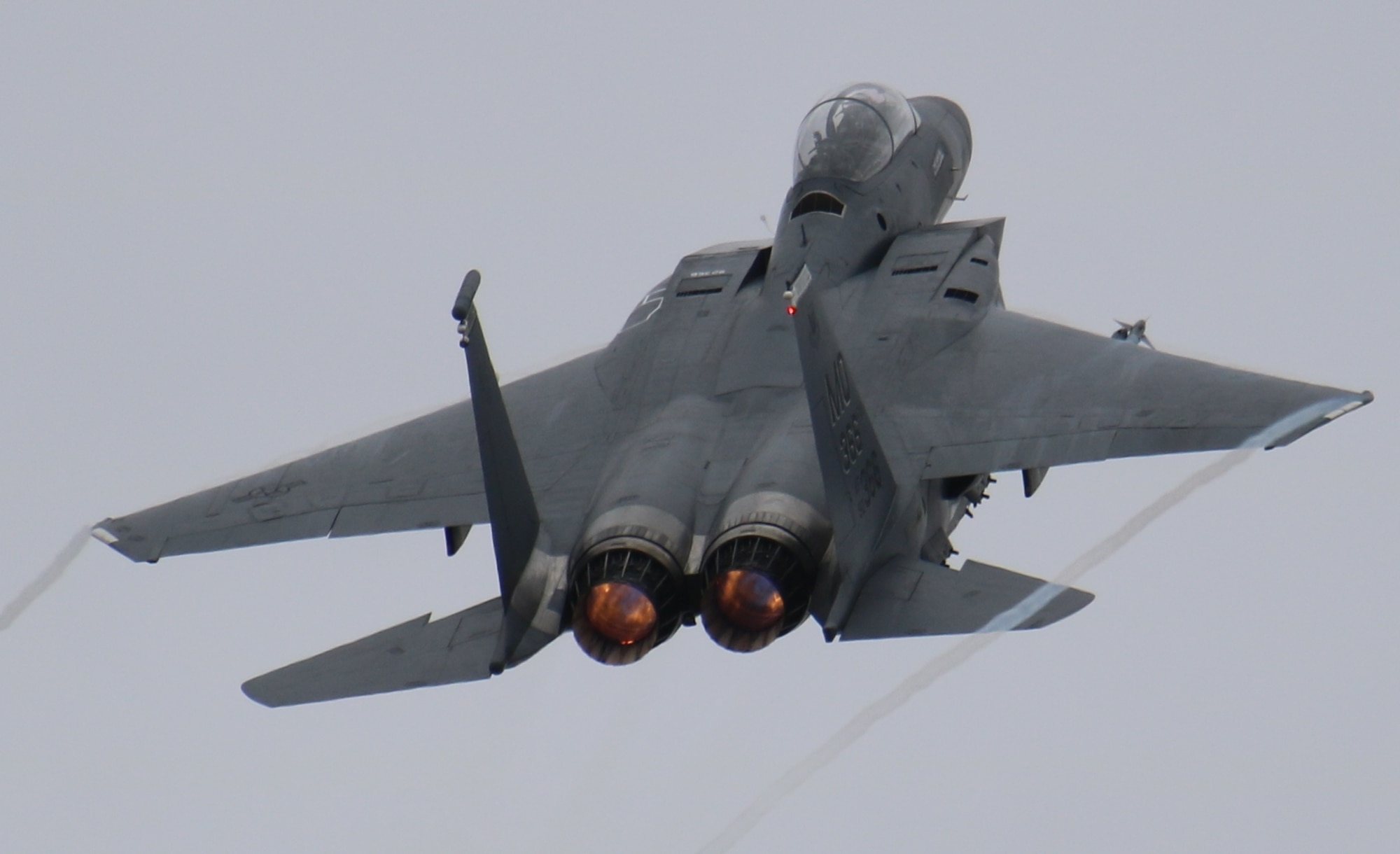 Col. Jefferson O'Donnell, 366th Fighter Wing commander, and Vice Chairman Buster Gibson of the Shoshone-Paiute Tribes of the Duck Valley Reservation take off from Mountain Home Air Force Base, Idaho, June 16, 2017. During the orientaion flight O'Donnell took Gibson all around the airspace. (U.S. Air Force by Lt. Col. John Jacobus)