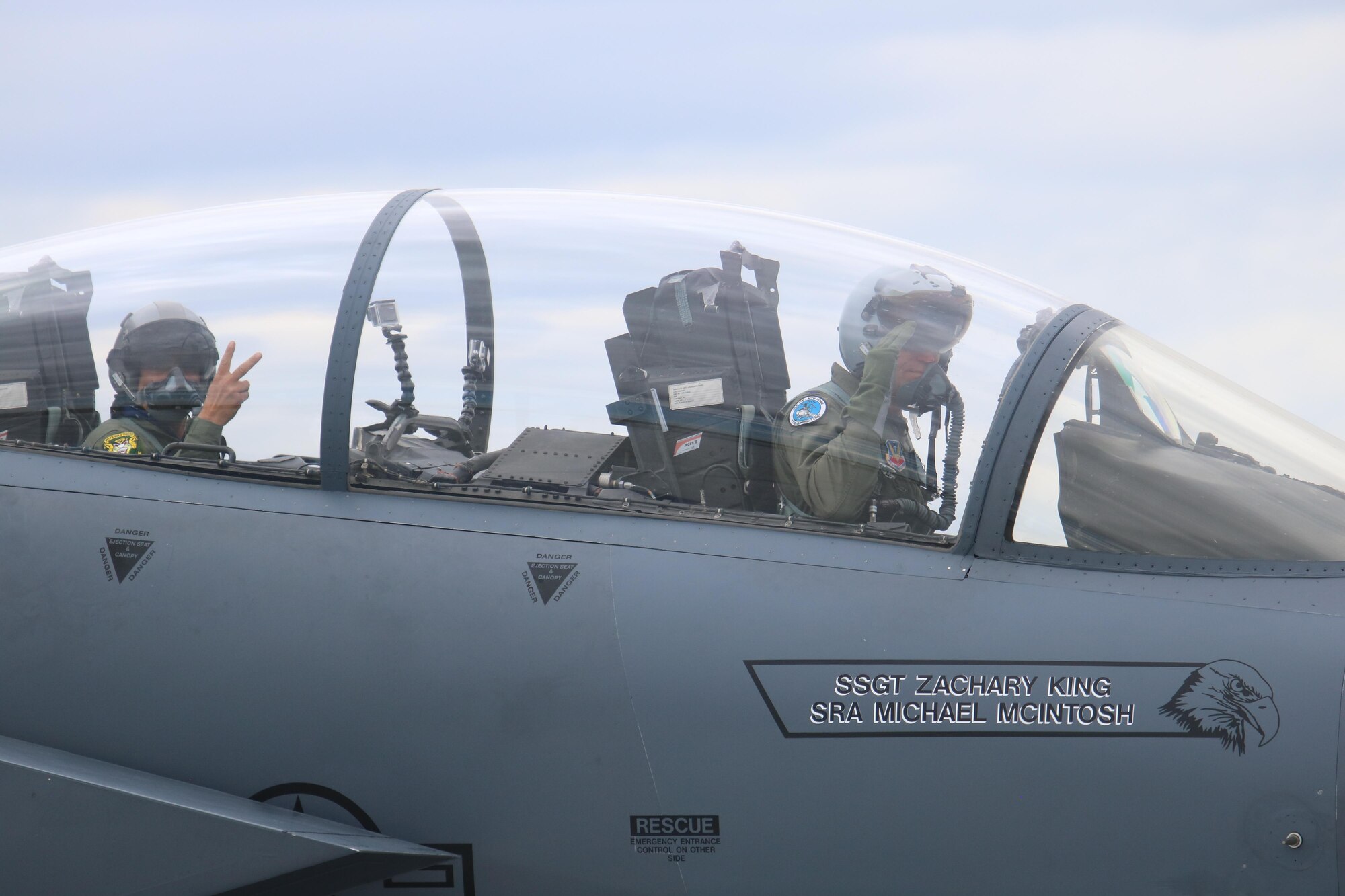 Col. Jefferson O'Donnell, 366th Fighter Wing commander, and Vice Chairman Buster Gibson of the Shoshone-Paiute Tribes of the Duck Valley Reservation prepare to take off from Mountain Home Air Force Base, Idaho, June 16, 2017. This was the first time a member of the Shoshone-Paiute Tribes has received a fighter orientation flight.(U.S. Air Force Photo by Lt. Col. John Jacobus)