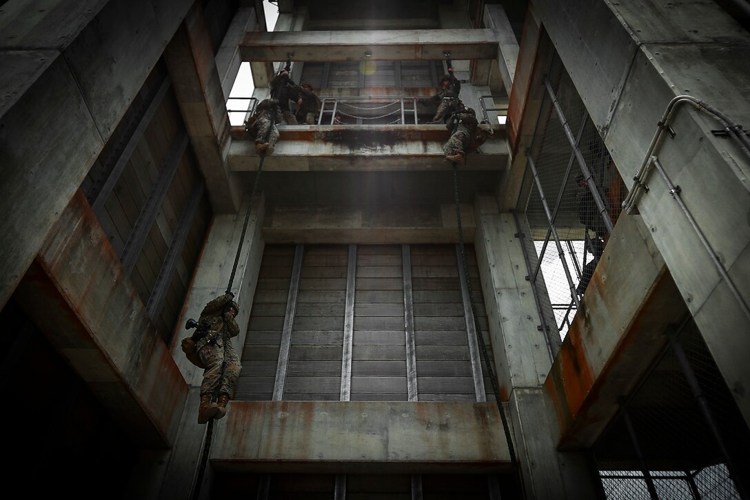 U.S. Marines with Alpha Company, 1st Battalion, 3rd Marine Regiment, fast rope during Helicopter Rope Suspension Technique (HRST) and rappel training aboard Camp Hansen, Okinawa, Japan, June 20, 2017. The rappel tower prepares Marines to utilize insertion techniques for future operations. The Hawaii-based battalion is forward deployed to Okinawa, Japan as part of the Unit Deployment Program. (U.S. Marine Corps photo by Cpl. Aaron S. Patterson/Released)