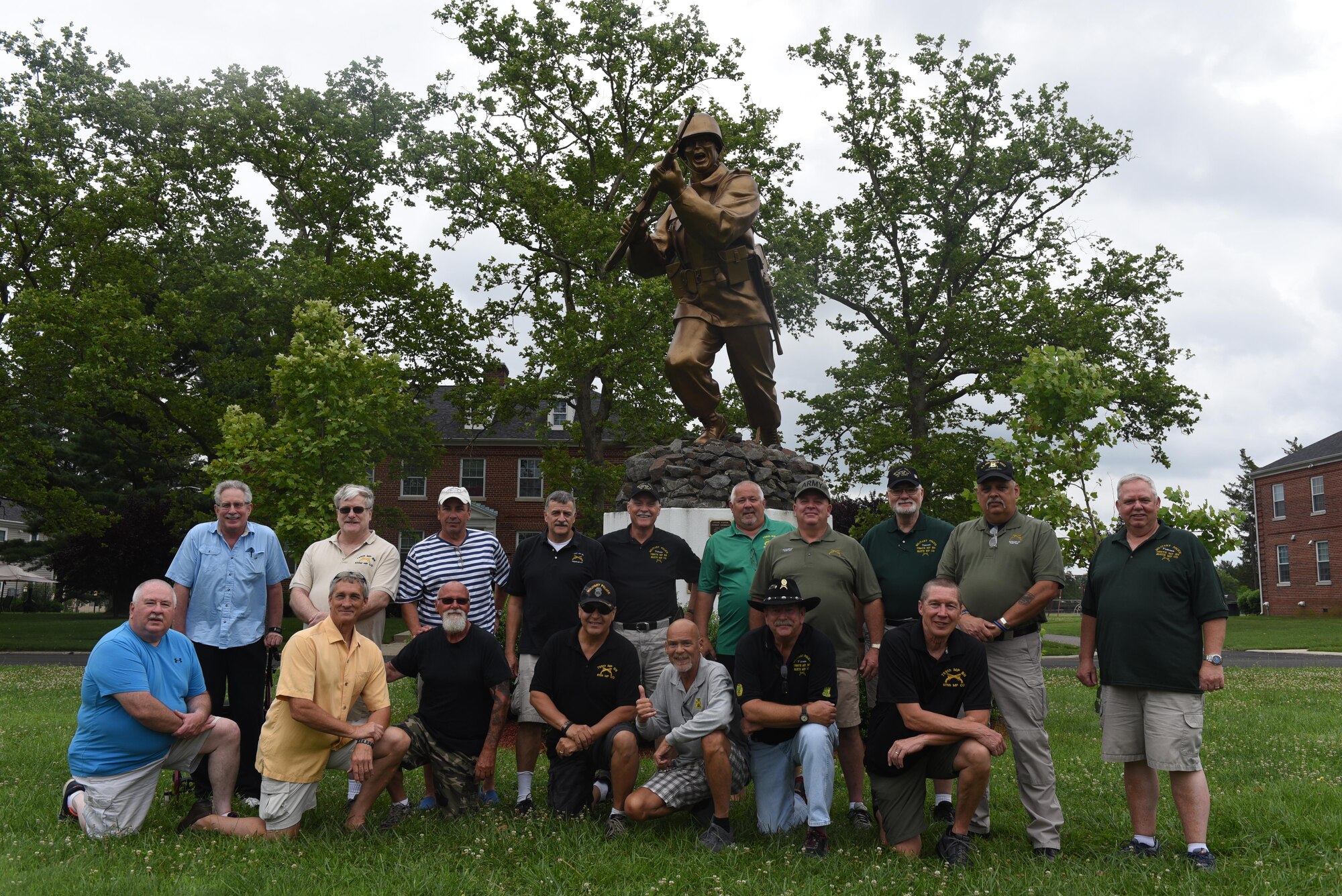 U.S. Army veterans from the 511th, 412th and 532nd Military Police Battalion visit the Fort Dix side of Joint base McGuire-Dix-Lakehurst for the first time in 40 years, June 23, 2017. The smaller cast ultimate weapon statue can be found outside of the Fort Dix-side headquarters building.