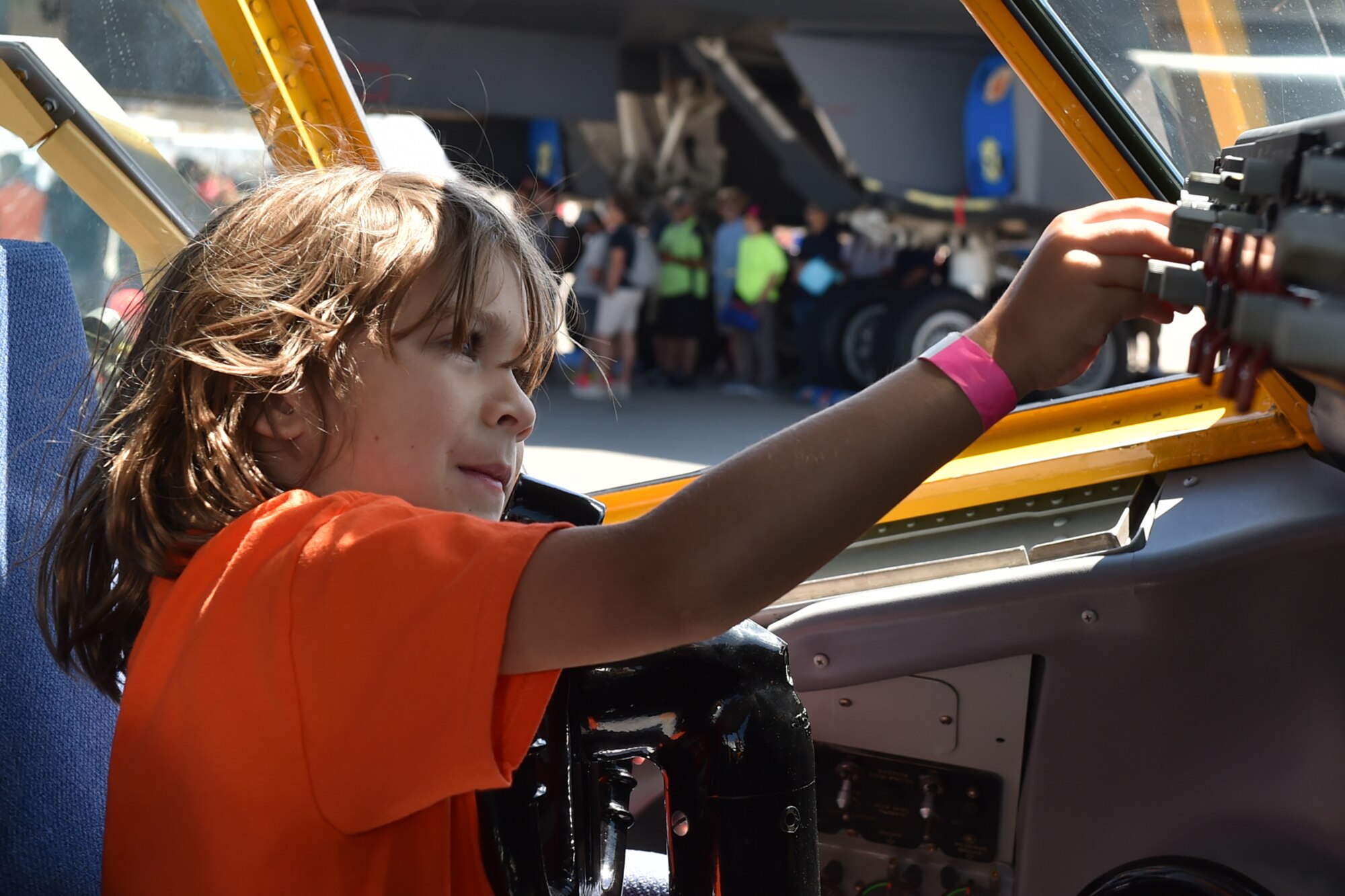 Aspiring pilot Mauricio Palomino, 6, plays with the controls of a KC-135R Stratotanker interactive flight deck during the Vectren Dayton Air Show in Dayton, Ohio, June 25, 2017. Approximately 44,000 people attended the 43th annual airshow. (U.S. Air Force photo/Staff Sgt. Katrina Heikkinen)