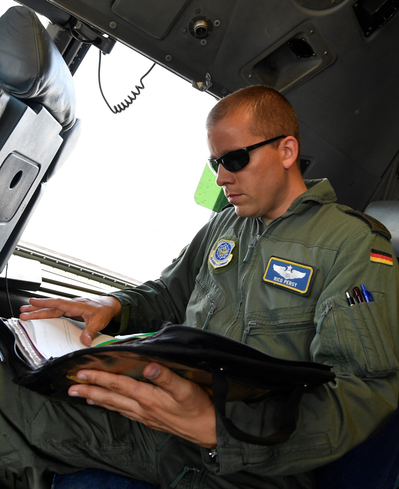 German air force Maj. Rico Persy, 14th Airlift Squadron pilot, reviews his pre-flight inspection checklist on-board a C-17 Globemaster III here June 26, 2017. Persy has been stationed at Joint Base Charleston since 2014 as part of the foreign pilot exchange program. Persy’s home station is Wunstorf Air Base, Germany, home of the Air Transport Wing 62. 