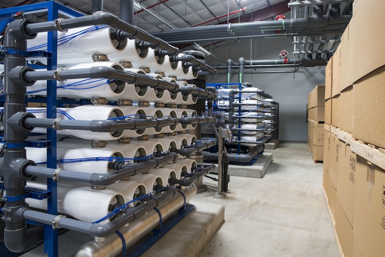 Reverse osmosis filters installed at Camp Pendleton’s 24 Area water treatment plant to soften water and lower salt levels allowing the water to meet secondary drinking water standards. These standards ensure the content of certain chemicals in the water do not exceed levels that might pose a risk to human health. (U.S. Marine Corps photo by Lance Cpl. Maritza Vela)