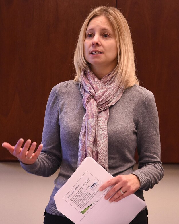 Tracie Faulk, Airman and Family Readiness Center financial readiness consultant, teaches military members and their families how to create a budget. The AFRC offers a lot of different resources to military members and their families from financial counseling to resume writing. (U.S. Air Force photo/Senior Airman Jaeda Tookes)