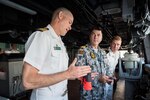 Capt. Nate Moyer, commanding officer of the amphibious transport dock USS Green Bay (LPD 20), and Cmdr. Peter Mellick, from the Royal Australian Navy, discuss ship maneuvers during a sea and anchor detail. Green Bay, part of the Bonhomme Richard Expeditionary Strike Group, is operating in the Indo-Asia-Pacific region to enhance partnerships and be a ready-response force for any type of contingency, June 28, 2017. 