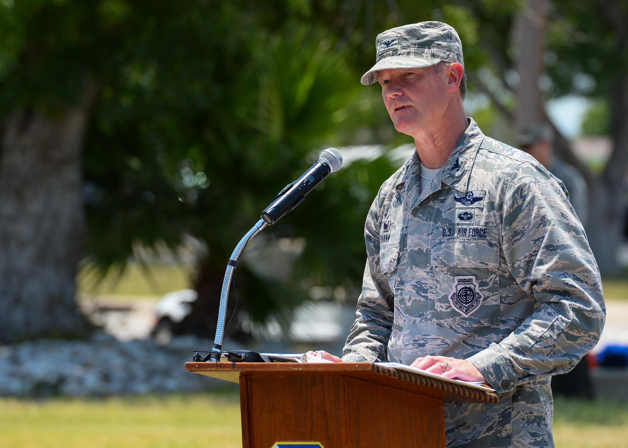 U.S. Air Force Col. Thomas Shank speaks to those in attendance about how this project positively effects the base and local community at Laughlin Air Force Base, Tx., June 23, 2017. Building this school on Laughlin AFB will eliminate city property costs and up to 21,000 hours in school bus operations. 