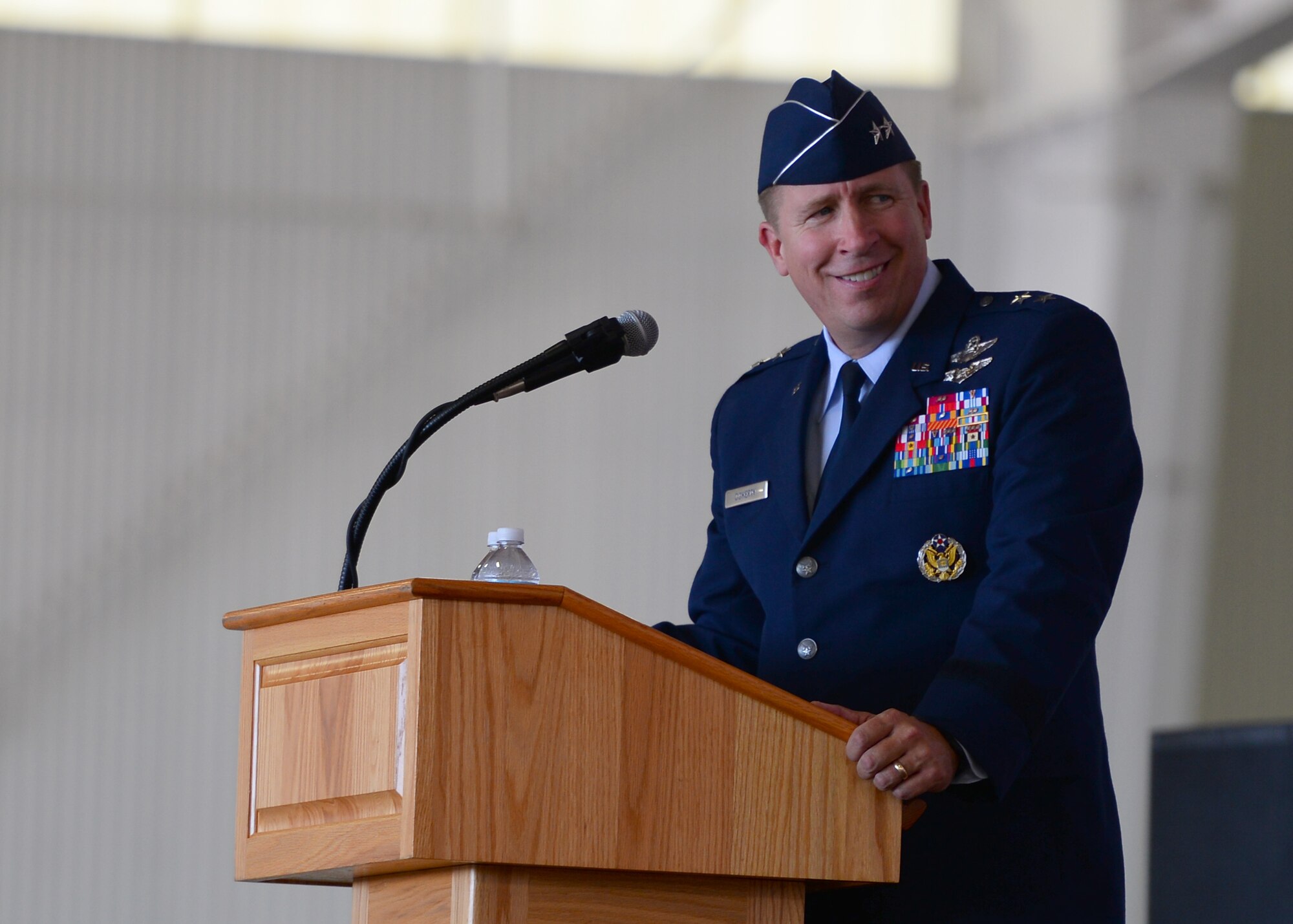 U.S. Air Force Major General Patrick Doherty, 19th Air Force commander, observes the audience for the 47th Flying Training Wing’s change of command ceremony at Laughlin Air Force Base, Tx., June 28, 2017.  General Doherty is a command pilot with more than 3,800 flying hours, and commands more than 32,000 personnel. 