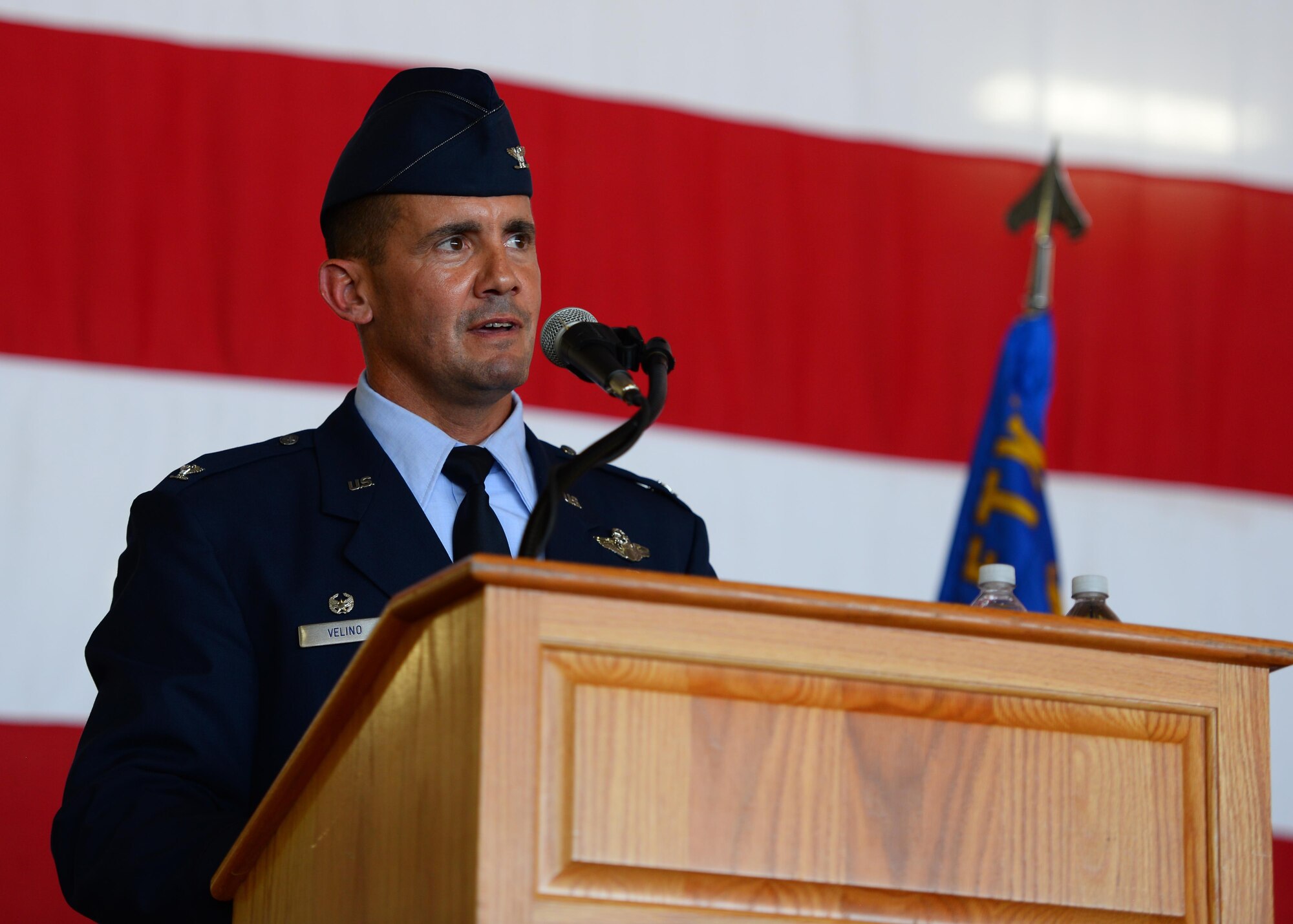 U.S. Air Force Col. Charles Velino, incoming 47th Flying Training Wing commander, speaks to those attending the wing’s change of command ceremony at Laughlin Air Force Base, Tx., June 28, 2017. Col. Velino, is the former 15th Operations Group commander at Joint Base Pearl Harbor-Hickam, Hawaii, and is a former Laughlin undergraduate pilot trainee.