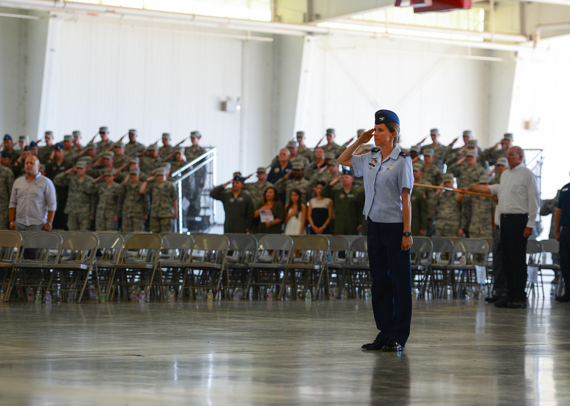 U.S. Air Force Col. Michelle Pryor, 47th Flying Training Wing vice commander, renders a salute in formation at the wing’s change of command ceremony at Laughlin Air Force Base, Tx., June 28, 2017.  Col. Pryor is a command pilot with more than 2,000 flight hours and oversees the base’s operations and undergraduate pilot training program.