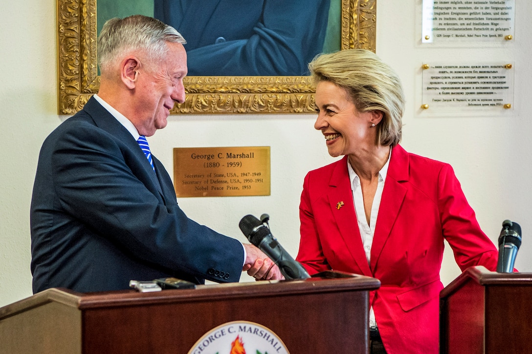 Defense Secretary Jim Mattis and Ursula von der Leyen, Germany's defense minister, meet the press at the George C. Marshall European Center for Security Studies in Garmisch-Partenkirchen, Germany, June 28, 2017. DoD photo by Air Force Staff Sgt. Jette Carr