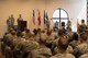 U.S. Air Force Maj. Michael Corrigan, 39th Contracting Squadron incoming commander, speaks to a group of airmen after assuming command, June 28, 2017, at Incirlik Air Base, Turkey. A change of command ceremony is a tradition that represents a formal transfer of authority and responsibility from the outgoing commander to the incoming commander. (U.S. Air Force photo by Airman 1st Class Devin M. Rumbaugh)