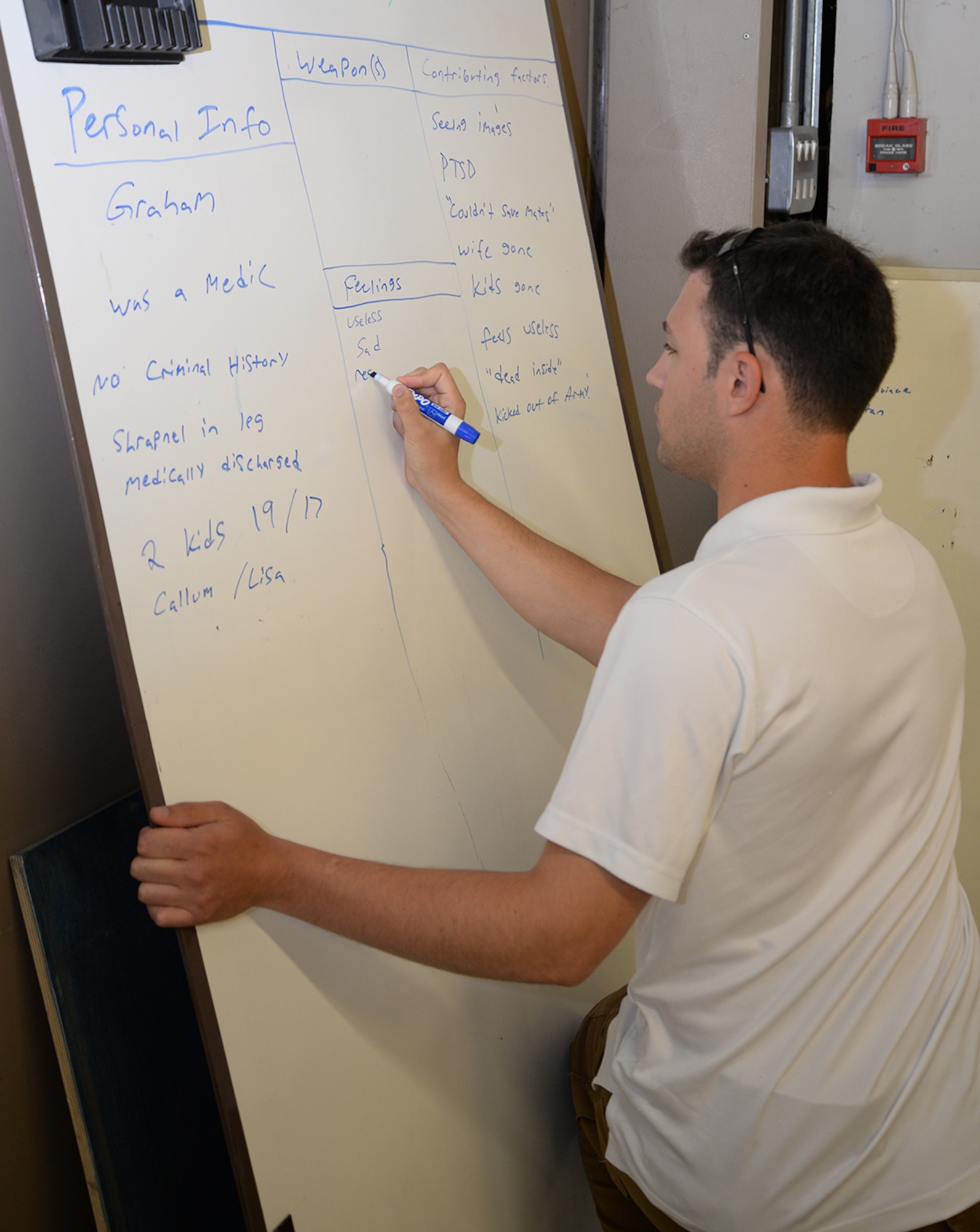 U.S. Air Force Staff Sgt. James Caringi, 100th Security Forces Squadron trainer, writes notes on a board during a training exercise involving a crisis situation June 16, 2017, on RAF Mildenhall, England. Airmen from 100th SFS and 48th SFS, RAF Lakenheath, spent a week together training on hostage and crisis negotiations. Facilitators from the FBI Critical Incident Response Group from Quantico, Va., along with experts in hostage and crisis negotiations from British police forces throughout East Anglia, spent the week training the Airmen and role playing in simulated crisis situations. (U.S. Air Force photo by Karen Abeyasekere)