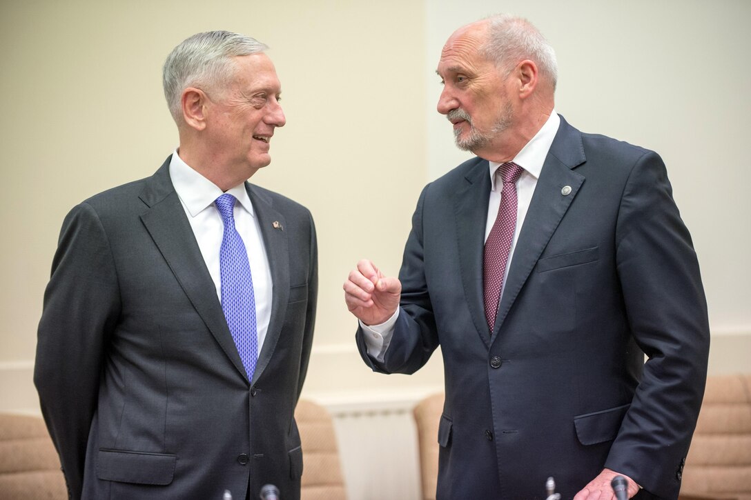 Defense Secretary Jim Mattis talks with Polish Defense Minister Antoni Macierewicz prior to a meeting at NATO headquarters in Brussels, June 29, 2017. DoD photo by Air Force Staff Sgt. Jette Carr