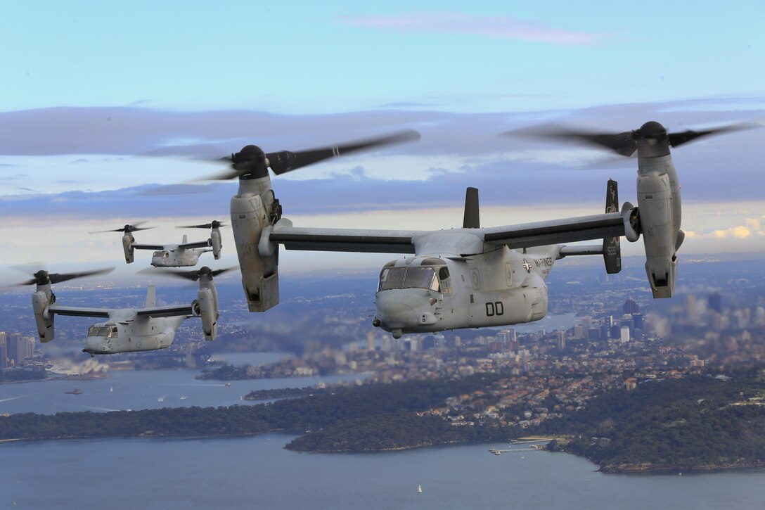 A set of MV-22B Osprey tiltrotor aircraft fly in formation above the Pacific Ocean off the coast of Sydney, Australia, June 29, 2017. The MV-22Bs belong to Marine Medium Tiltrotor Squadron 265. VMM-265 is part of the Aviation Combat Element of the 31st Marine Expeditionary Unit. The 31st MEU and the Bonhomme Richard Expeditionary Strike Group arrived in Sydney after transiting south across the vast Pacific Ocean, from Okinawa, Japan, to southeastern Australia in just over three weeks. Sydney is a favorite port stop for both Marines and Sailors crossing the Pacific. The 31st MEU partners with the Navy’s Amphibious Squadron 11 to form the amphibious component of the Bonhomme Richard Expeditionary Strike Group. The 31st MEU and PHIBRON 11 combine to provide a cohesive blue-green team capable of accomplishing a variety of missions across the Indo-Asia-Pacific region.
