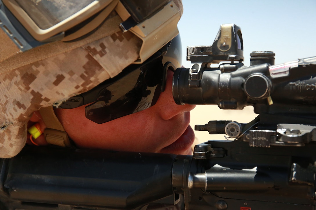 U.S. Marine Corps Lance Cpl. Jamie D. Schwartz, a rifleman with 1st Battalion, 7th Marine Regiment, Special Purpose Marine Air-Ground Task Force-Crisis Response-Central Command, sights in during a sustainment range while forward deployed in the Middle East June 6, 2017. This training ensures SPMAGTF Marines sustain vital skills to enhance their ability to react to any mission they may encounter while conducting USCENTCOM’s crisis response mission. (U.S. Marine Corps photo by Cpl. Christopher D. Thompson) 