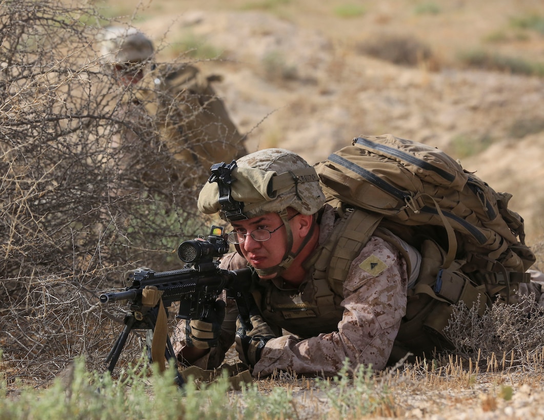 U.S. Marine Corps Lance Cpl. Steven Rannals, a rifleman with Charlie Company, 1st Battalion, 7th Marine Regiment, Special Purpose Marine Air-Ground Task Force-Crisis Response-Central Command provides security during a subject matter expert exchange with the Saudi Arabian Naval Special Forces in Saudi Arabia, May 17, 2017. The exchange proved to be an enhancing opportunity for both the U.S. and Saudi forces. Deploying U.S. Marines into the U.S. Central Command area of responsibility to conduct combined military training with our partner nations’ security forces strengthens our vital relationships with partners in this important region. (U.S. Marine Corps photo by Cpl. Kyle McNan)