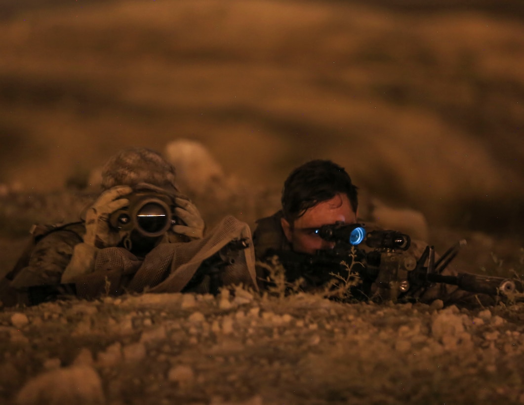 U.S. Marine Corps Cpl. Ian Miner, a scout sniper with Charlie Company 1st Battalion, 7th Marine Regiment, Special Purpose Marine Air-Ground Task Force-Crisis Response-Central Command, provides over watch with Saudi Arabian Naval Special Forces during a subject matter expert exchange in Saudi Arabia, May 17, 2017. The exchange proved to be an enhancing opportunity for both the U.S. and Saudi forces. Deploying U.S. Marines into the U.S. Central Command area of responsibility to conduct combined military training with our partner nations’ security forces strengthens our vital relationships with partners in this important region. (U.S. Marine Corps photo by Cpl. Kyle McNan) 