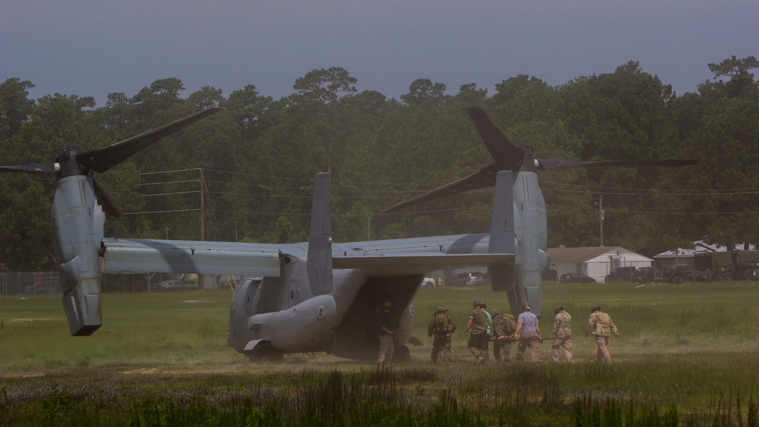 U.S. Navy sailors assigned to the 26th Marine Expeditionary Unit participate in a Tactical Evacuation Course at Camp Lejeune, N.C., June 27, 2017. The course consisted of corpsmen identifying dummy casualties and assessing them for injuries ranging from gunshot wounds, amputations to severe trauma and treating them accordingly, followed by stabilizing and evacuating the casualty with an MV-22 Osprey.