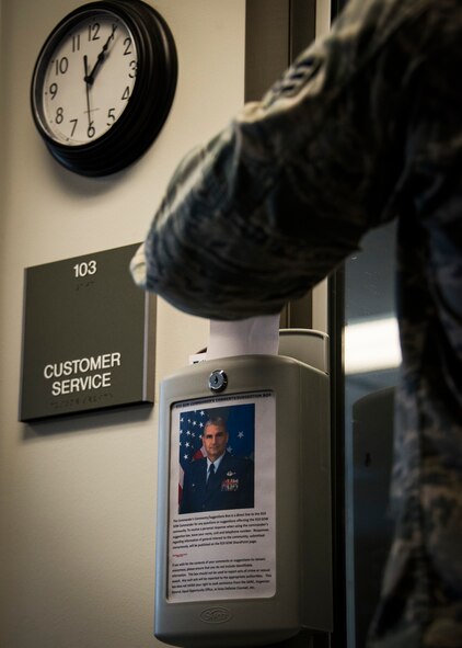 The 919th Special Operations Wing commander has a direct line made available to all personnel through the use of suggestion boxes placed throughout the base such as the dining facility, gym, and customer service. To receive a personal response when using the commander's suggestion box, leave your name, unit, and telephone number. Responses regarding information of general interest to the community, submitted anonymously, will be published on the 919th SOW SharePoint page. (U.S. Air Force photo/Tech. Sgt. Jasmin Taylor)
