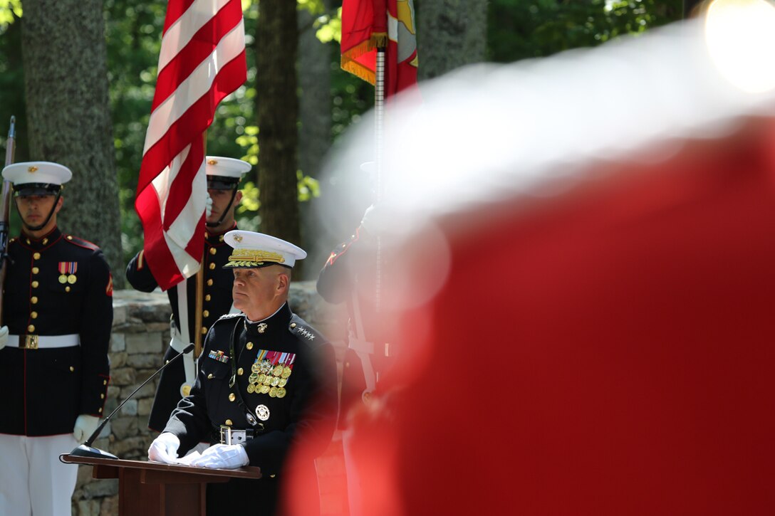 On Wednesday, June 28, 2017, members of the Marine Band supported a wreath-laying ceremony in honor of the Marines who fought in the Korean War. President Moon Jae-in of the Republic of Korea honored the Marines at the Korean War Chosin Monument at the National Museum of the Marine Corps. In 1950, President Moon's parents were able to flee to South Korea after the 1st Marine Division drove the enemy back. Today, he showed his gratitude for all the Marine Corps did for his family. (U.S. Marine Corps photo by Gunnery Sgt. Rachel Ghadiali/released)