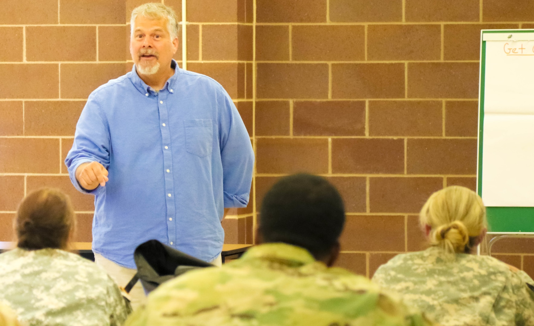 U.S. Army Reserve Suicide Prevention Program Manager Brion Pinkerton with the 4th Sustainment Command (Expeditionary) speaks with Soldiers at the 4th ESC about the Get Connected Campaign at Joint Base San Antonio, May 6, 2017. The Get Connected Campaign aims to prevent suicide by teaching Soldiers how to prevent feelings of isolation. (U.S. Army Reserve Photo by Spc. Kati Waxler)