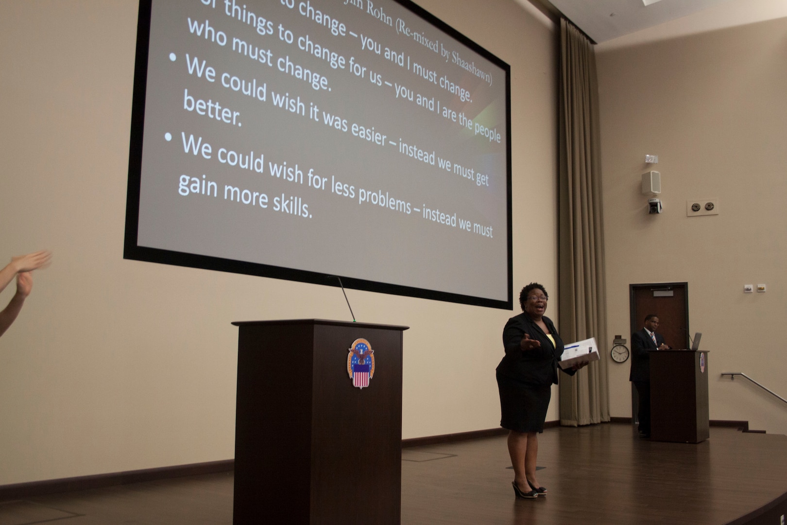 Shaashawn Dial-Snowden, the president of the Board of Directors for the LGBT Center of Central Pennsylvania speaks on the importance of inclusion during the DLA Distribution’s Multicultural Committee’s Lesbian, Gay, Bisexual and Transgender Pride Month program on June 21.