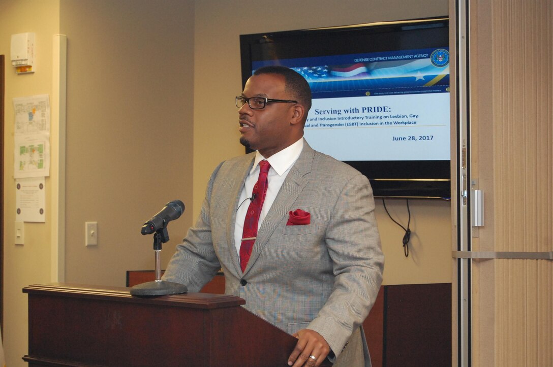 George P. Braxton, Defense Contract Management Agency’s special advisor for Diversity and Inclusion, spoke during the agency’s Lesbian, Gay, Bisexual, Transgender Pride Month’s Lunch and Learn June 28. He emphasized the agency is a model, inclusive workplace where all employees are respected. (DCMA photo)
