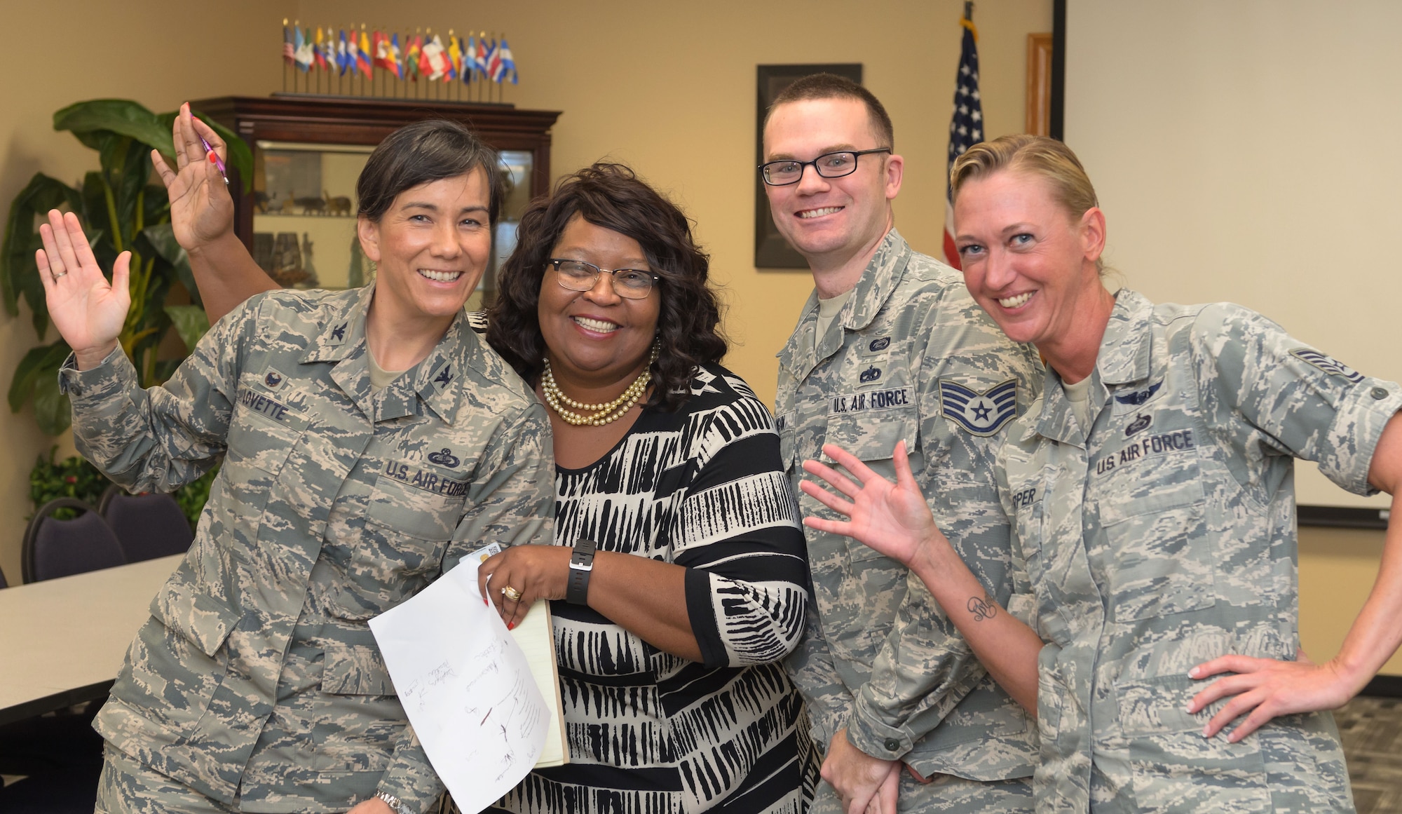 Col. Debra Lovette, 81st Training Wing commander, poses for a photo with Equal Opportunity Office staff members during a Wing Staff Agency orientation tour June 26, 2017, on Keesler Air Force Base, Miss. The tour familiarized Lovette with the Wing Staff Agency mission, operations and personnel. (U.S. Air Force photo by Andrew Whitman) 