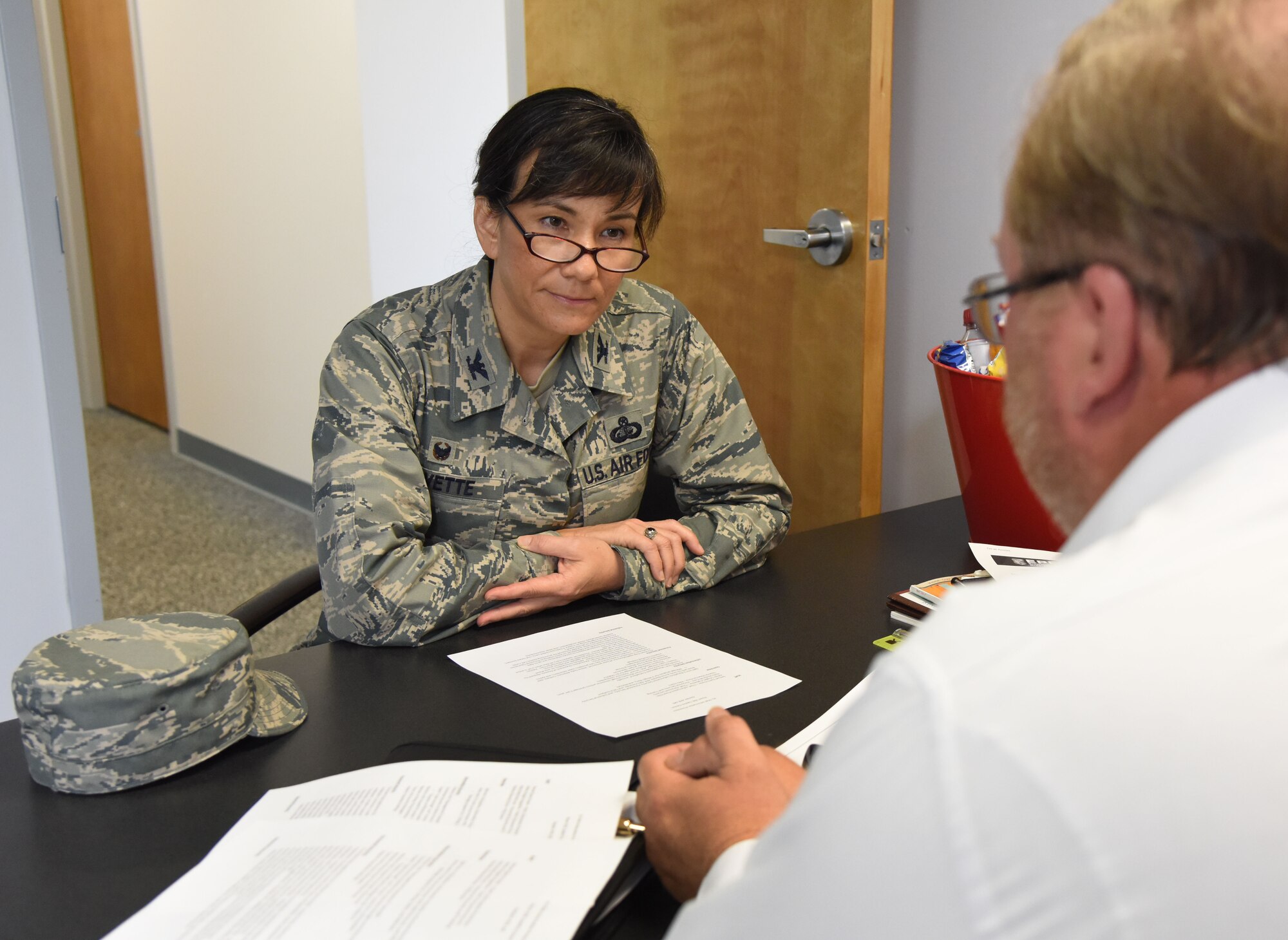 Sam Foster, 81st TRW information protection chief, briefs Col. Debra Lovette, 81st Training Wing commander, on information protection during a Wing Staff Agency orientation tour at the Sablich Center June 27, 2017, on Keesler Air Force Base, Miss. The tour familiarized Lovette with the Wing Staff Agency mission, operations and personnel. (U.S. Air Force photo by Kemberly Groue)