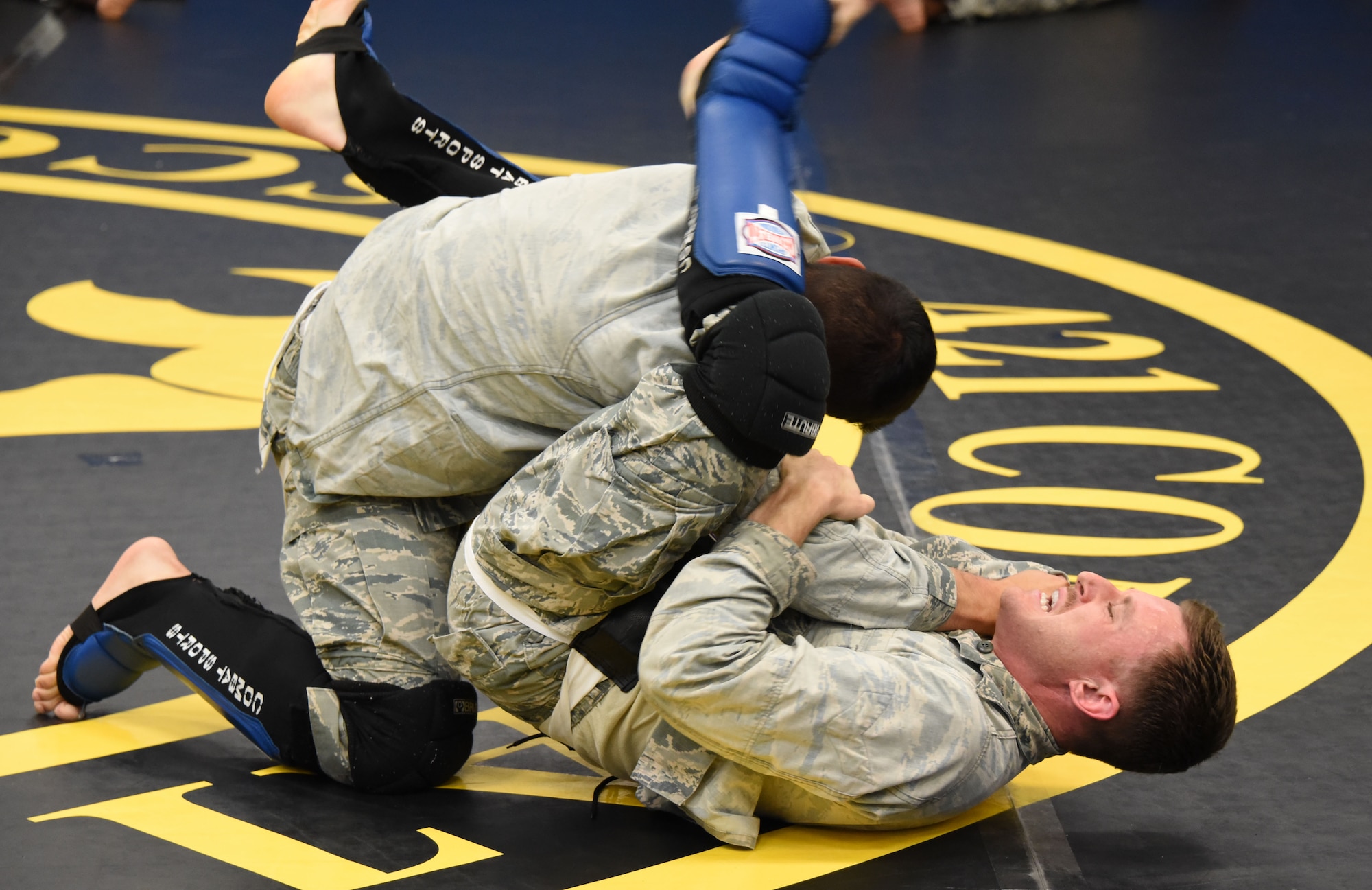 Senior Airman Johnathan Heisler (bottom), 512th Security Forces Squadron reservist, trains in combatives with another trainee during Phoenix Raven training June 15, 2017, at Joint Base McGuire-Dix-Lakehurst, New Jersey. More commonly called "Ravens," this small community of specialized security forces Airmen are trained to detect, deter and counter threats to Air Mobility Command, Air National Guard and Air Force Reserve aircraft. (U.S. Air Force photo/Master Sgt. Jaimie Powell)