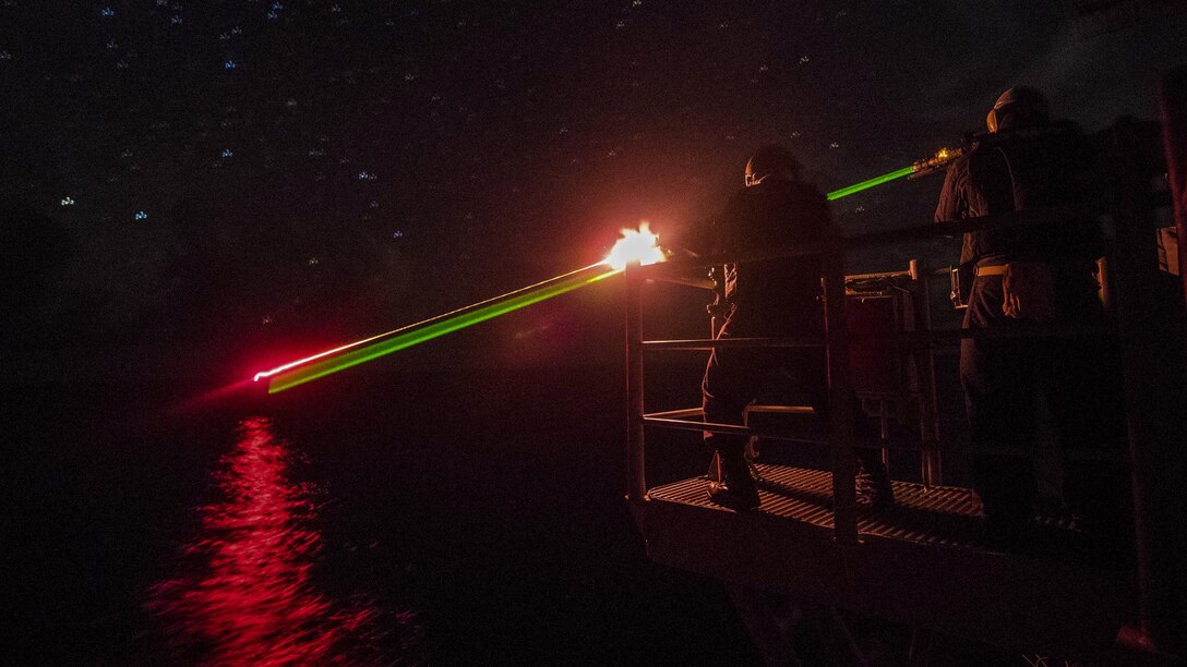 Sailors fire an M240B machine gun during a live-fire training exercise aboard the guided-missile cruiser USS Princeton in the Pacific Ocean, June 27, 2017. Navy photo by Petty Officer 3rd Class Kelsey J. Hockenberger