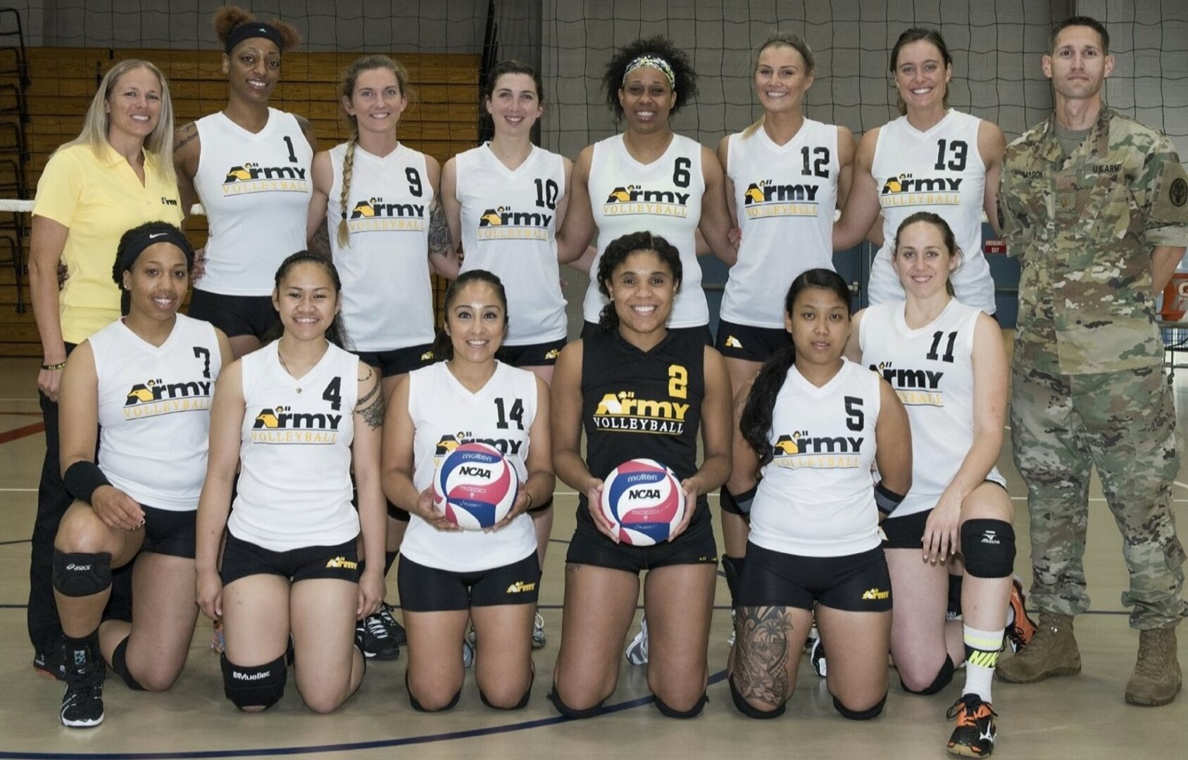 Spc. Rikki Inman, No. 9, poses on the volleyball court with members of the All Army Women’s Volleyball Team. Inman is an animal care specialist stationed on JBSA-Fort Sam Houston.