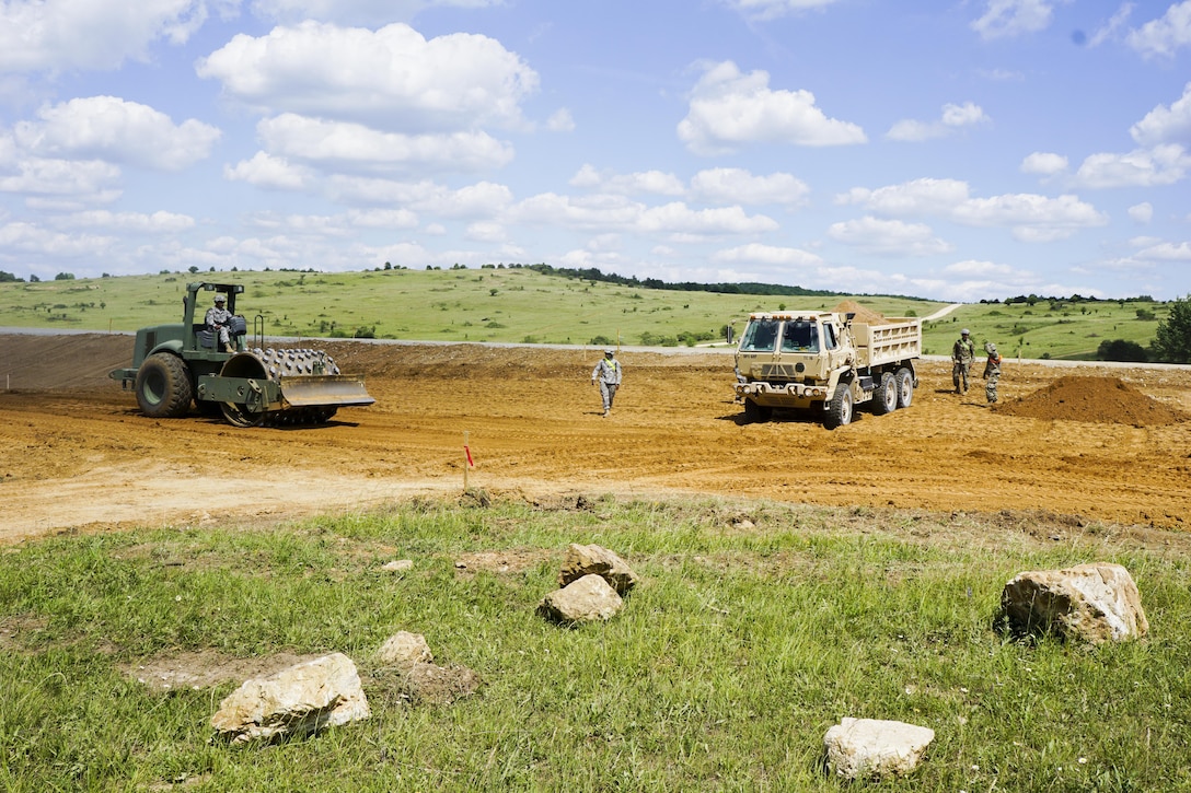 The fourth rotation of engineer Soldiers participating in the Joint Multinational Readiness Center’s Troop Construction Program (TCP) 2017 arrived on the heels of the multinational exercise Combined Resolve XIII at Hohenfels, Germany June 8.  The group of nearly 180 Soldiers from Pennsylvania, Illinois, Minnesota and Texas representing U.S. Army Reserve’s 412th and 416th Theater Engineer Commands, are on are executing the TCP 2017 mission by constructing complex elements essential to the training area’s operational environment. (U.S. Army Reserve photo by Sgt. Karen Sampson)