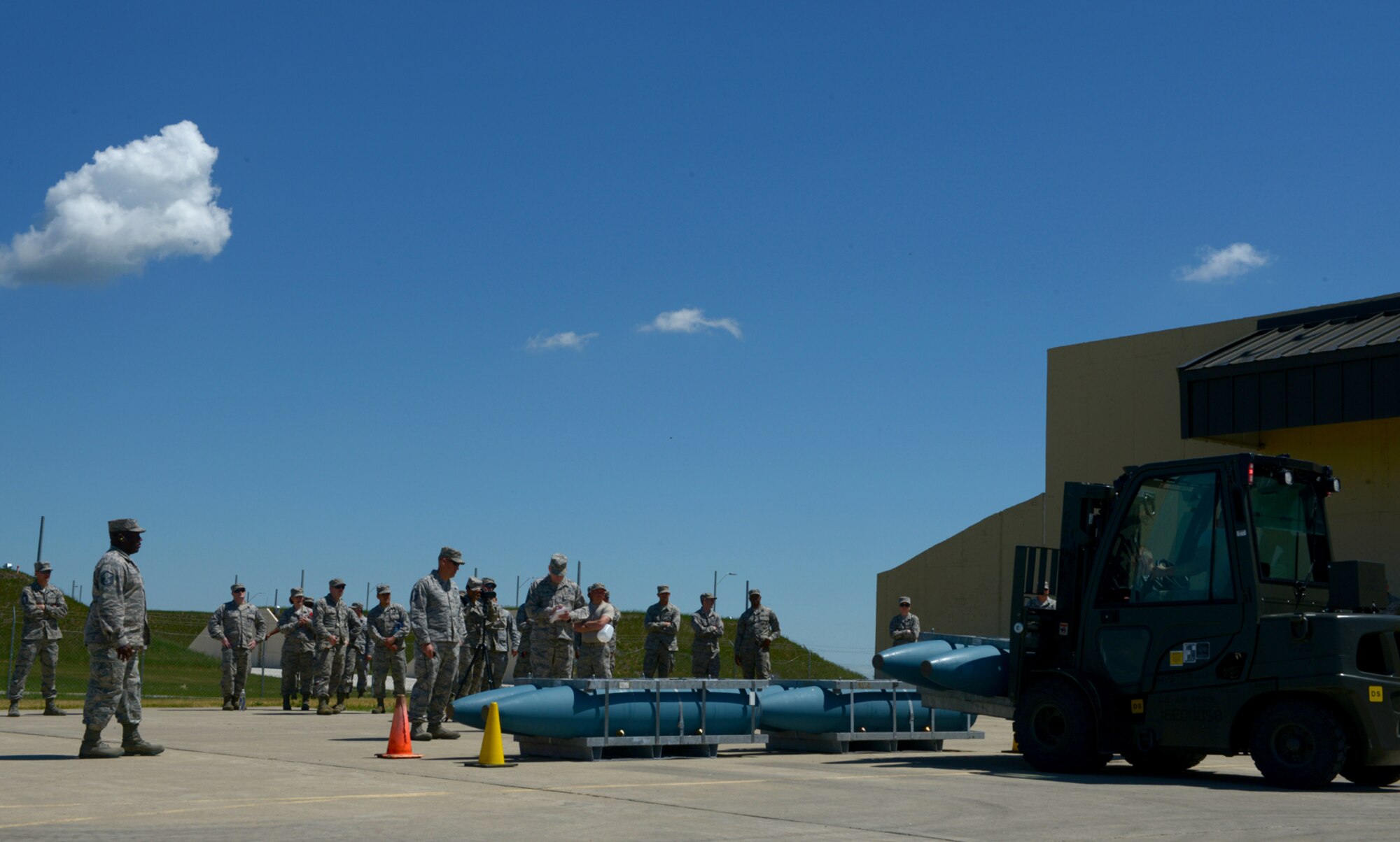 Members from the 5th Munitions Squadron conduct a forklift rodeo during Global Strike Challenge at Minot Air Force Base, N.D., June 19, 2017. The forklift rodeo was part of many events during Global Strike Challenge. (U.S. Air Force Photo by Staff Sgt. Chad Trujillo)