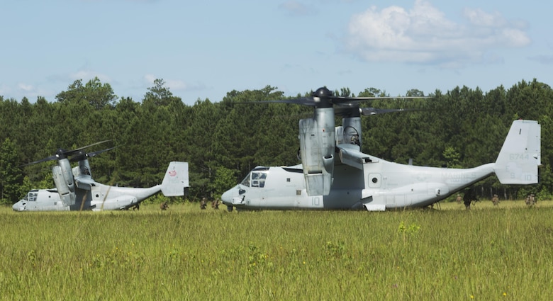 Marines with Fox Company, 2nd Battalion, 2nd Marine Regiment disembark from MV-22B Ospreys during a Tactical Recovery of Aircraft and Personnel exercise at Camp Lejeune, N.C., June 29, 2017. The Marines conducted the TRAP as part of their Certification Exercise in preparation for an upcoming deployment as the Special Purpose Marine Air-Ground Task Force-Crisis Response-Africa. Due to the time-sensitive nature of a TRAP mission, the Marines constantly train to maintain and improve their proficiency in recovering personnel and destroying or retrieving classified equipment. (U.S. Marine Corps photo by Lance Cpl. Raul Torres)