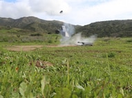 MARINE CORPS BASE CAMP PENDLETON, Calif.— A Percussion Actuated Neutralizer tool disables an Improvised Explosive Device with a high impact round activated by Explosive Ordnance Disposal technicians who took cover out of the blast radius during an IED training exercise on Camp Pendleton, Feb. 22, 2017. The EOD Technicians, like all other forces of the 15th MEU, undergo critical training prior to deploying to ensure they can operate in any hostile mission area.
(USMC photo by Lance Cpl. Jacob Pruitt)