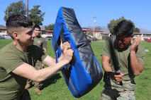 U.S. Marines with 1st Battalion, 11th Marines, Charlie Battery, the non-lethal weapons company for the 15th Marine Expeditionary Unit (MEU), practice baton jabs and conduct other non-lethal weapons training on Camp Pendleton, Calif., Feb. 14, 2017.  The 15th MEU used this training to sharpen their skills in a variety of non-lethal weapons tactics they would use to stabilize hostile situations. These non-lethal capabilities add to the flexibility of the MEU to shape actions across the range of military operations to resolve conflict anyway in the world. (U.S. Marine Corps photo by Lance Cpl. Jacob Pruitt)