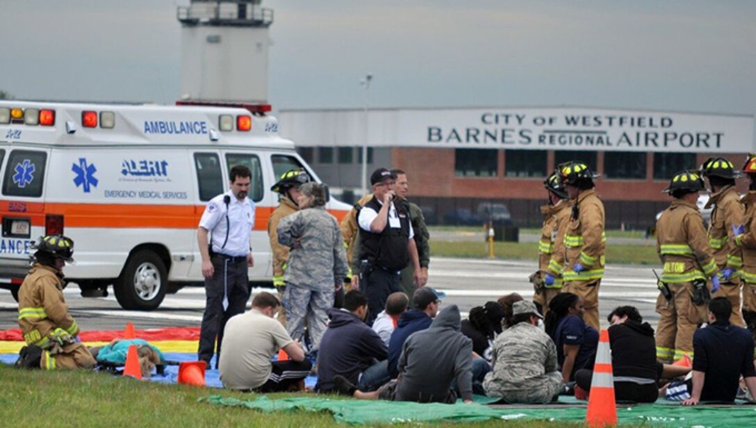 In preparation for the 2017 Westfield International Air Show, celebrating a Century of Air Power, on August 12-13, the 104th Fighter Wing hosted local community partners to participate in a Major Accident Response Exercise. Our community partners came from Westfield Police, Fire and Emergency Management, Massachusetts State Police, Emergency Management Agency and Department of Transportation, the Springfield Office of Emergency Preparedness, the American Red Cross, Mercy Medical Center, Baystate Health, Alert Ambulance, Westover Air Reserve Base, and Bradley Air National Guard Base. 