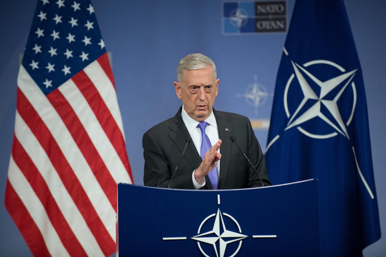 Defense Secretary Jim Mattis briefs the press at NATO headquarters in Brussels, June 29, 2017. DoD photo by Air Force Staff Sgt. Jette Carr