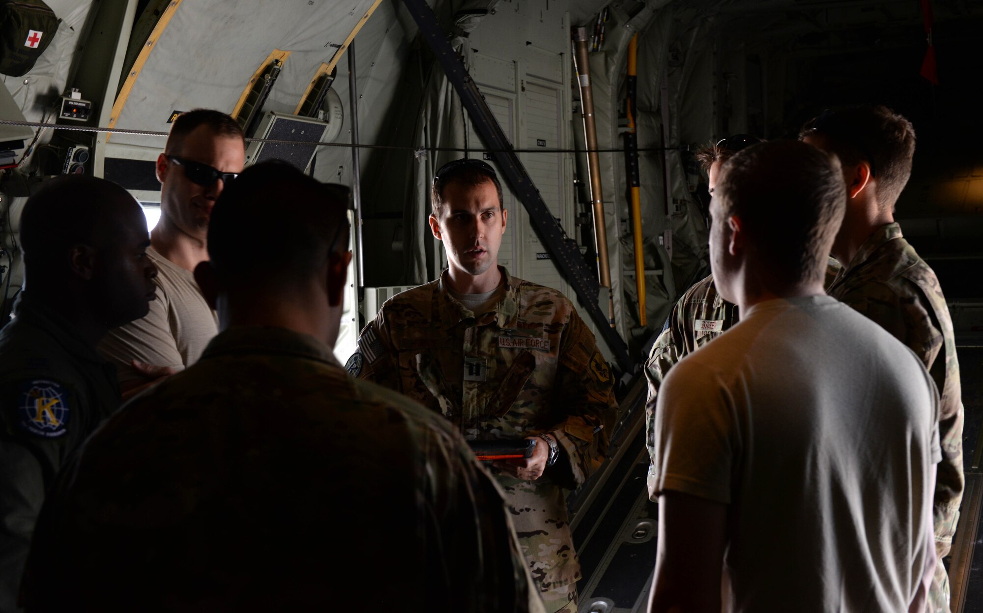 Capt. Carl Price, a C-130 Super Hercules pilot assigned to the 71st Rescue Squadron, Moody Air Force Base, Ga., briefs his crew before take-off at Ellsworth AFB, S.D., June 28, 2017. Price and his crew trained with other Air Force units in realistic air-to-air, air-to-ground and combat search and rescue missions. (U.S. Air Force photo by Airman Nicolas Z. Erwin)