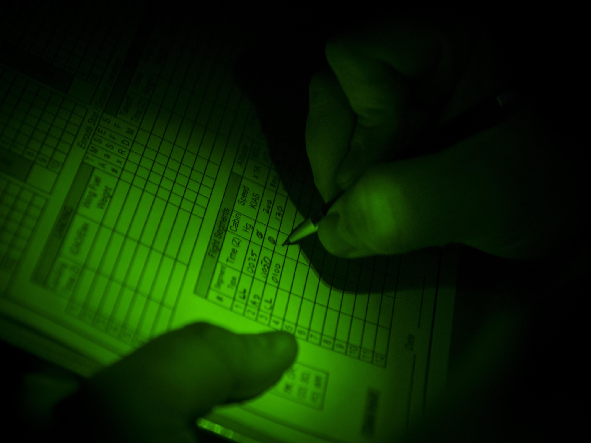 A flight engineer with the 15th Special Operations Squadron completes flight logs during a training mission in a 15th SOS MC-130H Combat Talon II above northwest Florida, June 28, 2017. Aircrew with the 15th SOS conducted personnel airdrop, low-level terrain flying and touch-and-go landings to ensure their mission readiness. (U.S. Air Force photo by Airman 1st Class Joseph Pick)